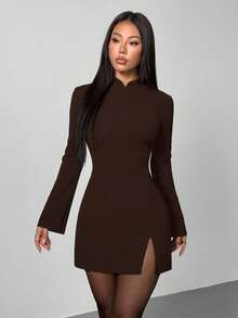 SHEIN PETITE 冬季優雅深棕色女款迷你洋裝，復古立領修身喇叭袖迷你裙，情人節約會之夜派對穿搭，春季洋裝，適合嬌小女性 - 咖啡棕 - 查看 3