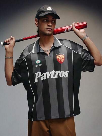 PAVTROS Men's Street Style Sports V-Neck Short Sleeve T-Shirt, Sports Striped T-Shirt, Colorblock Design, Sports, Casual, Fashion, Jersey, Football Style Sweatshirt, Sports & Fitness, Casual Outdoor, Street Sports, Retro Style, Distinctive Style, Colorblock T-Shirt, Brand Logo, Personalized Theme, Holiday Gift, Boyfriend Gift Men's Retro Shirt Pro Club Shirt Bowling Shirts