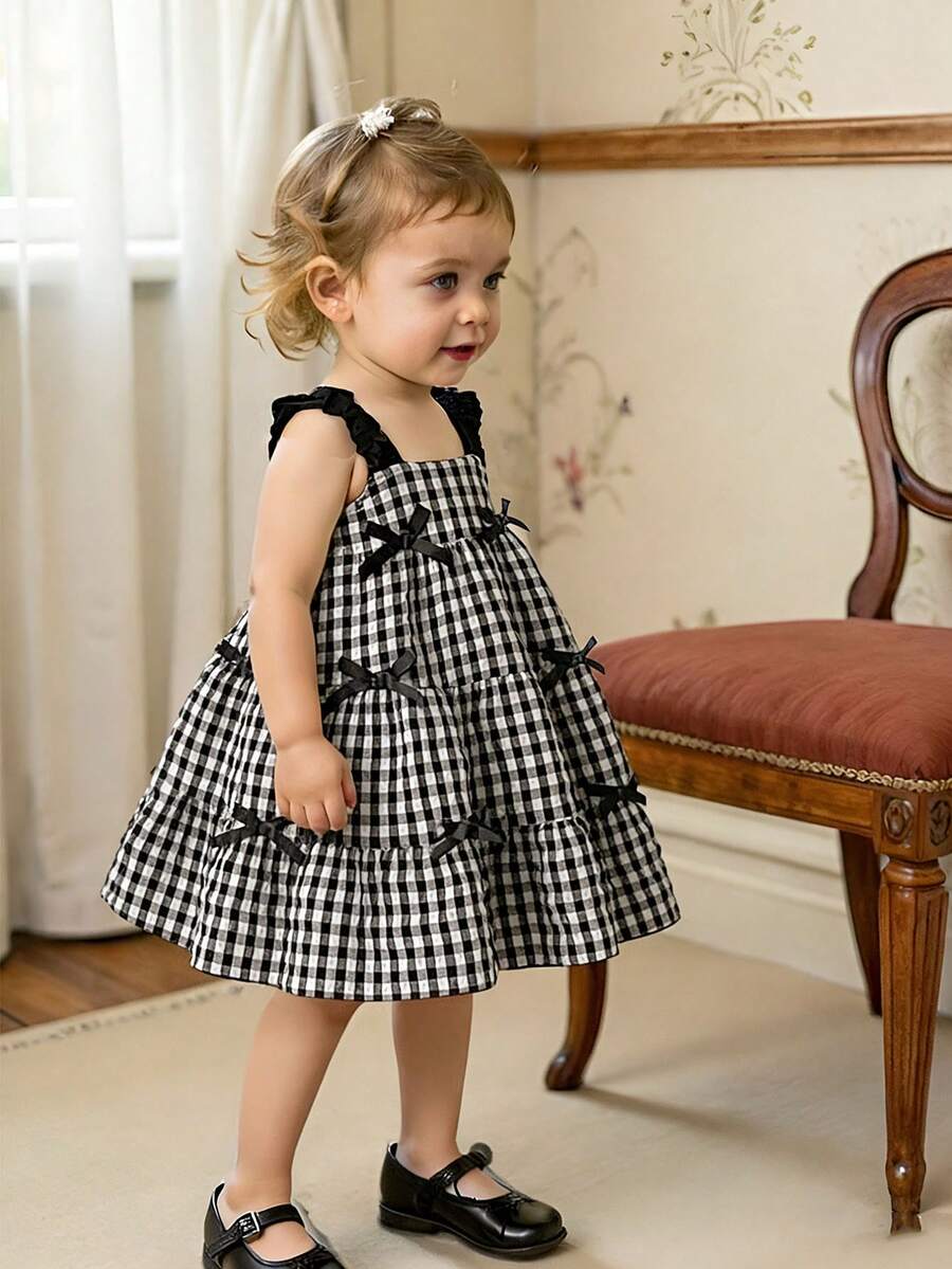SHEIN Baby Girl Cute Bow Strap Cake Dress, Black & White, Summer Bubble Dress For Outings, Parties, School - Multicolor - View 1