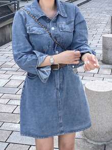 DAZY Đầm denim dài tay kiểu cổ điển, đầm ngắn dáng chữ A thắt eo dành cho nữ. - Rửa nhẹ - Xem 6
