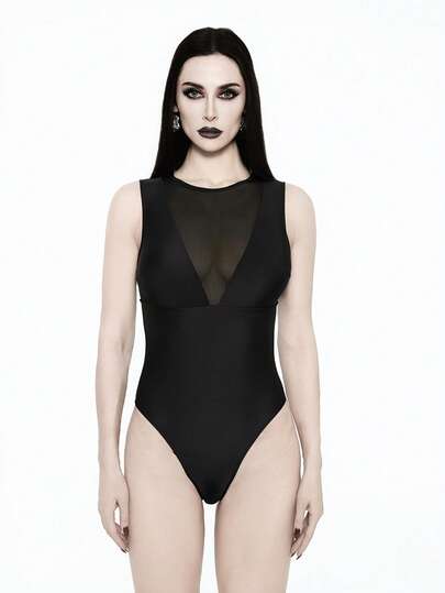 Glisette Women's Solid Color Mesh Patchwork One-Piece Swimsuit, Suitable For Beach Vacation, Pool Party, Beach Party