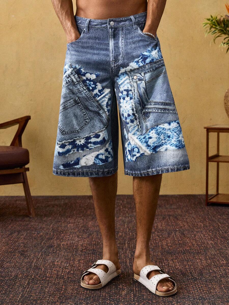 ROMWE MEN Quần short denim nam dáng casual, in họa tiết hoa kỹ thuật số, túi xéo. - Màu xanh lam - Xem 1