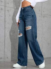 Washed Denim Blue High Waist Ripped Wide Leg Jeans - Medium Wash - View 4