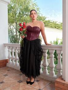 SHEIN MOD Plus Size Women Red Date Night Fishbone Tight Corset Solid PU Leather Tube Top - Burgundy - View 5