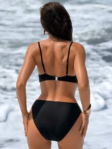Swim SXY Traje de baño de una pieza con empuje hacia arriba, asimétrico y hueco, de unicolor y sexy para mujer, primavera/verano - Negro - Ver 3
