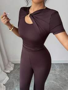 SHEIN Elenzya Twist Hollow Out Bodycon Jumpsuit With Short Sleeves, Cinched Waist, Flared Leg, Commuting & Date Outfit, Sexy Vibe, Figure Flattering - Coffee Brown - View 5
