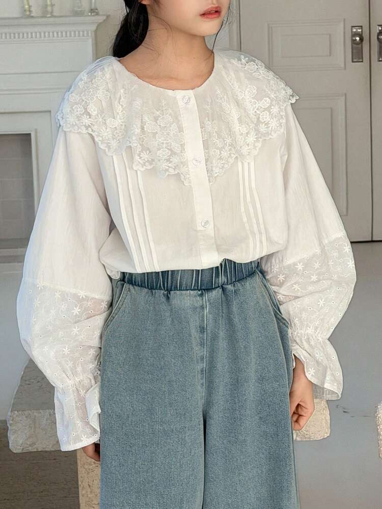Tween Girls Round Neck Long Sleeve Solid Color Lace Patchwork Loose Front Button Fashionable Blouse