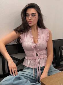 DAZY 女士夏季休闲荷叶边前系带纹理T恤 - 粉色 - 查看 4