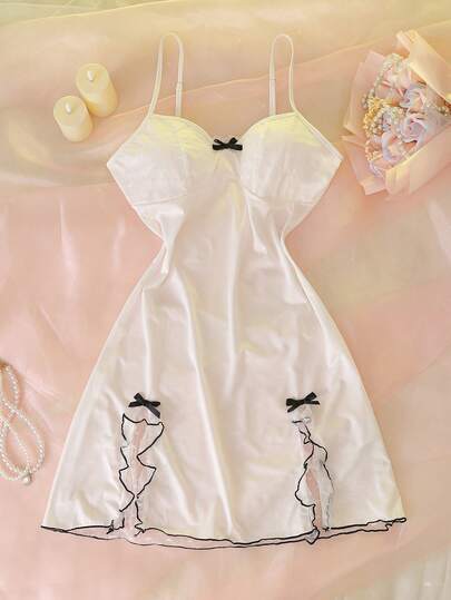 Sheer Mesh Coquette Babydoll Chemise, Delicate Lace Trim Sleepwear For Women, Romantic Autumn Nightgown