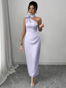 Selianne Elegant Sexy French Satin Ribbon Asymmetric Neck 3D Floral Waist Ruched Bodycon Dress - Purple - View 6
