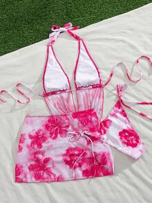 Swim Vcay 3pcs/Set Sexy Floral Draped Neck Backless Drawstring Triangle Bikini Swimwear & Ruffle Slit Mini Skirt, Summer Vacation - Multicolor - View 4