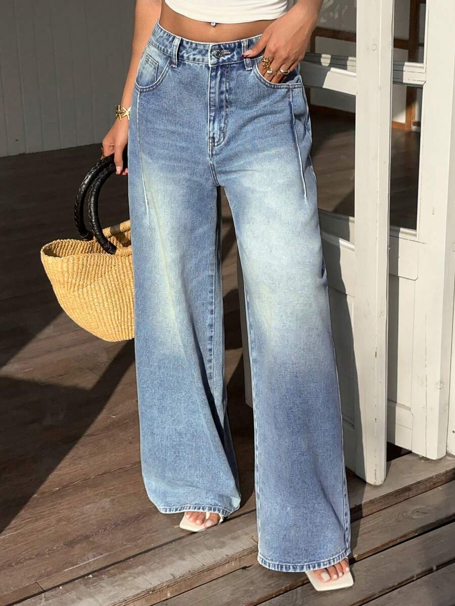 Sunnyshic Women's Casual Washed Loose Straight Leg Jeans - Blue - View 1