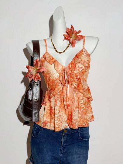 Trelyra Women's Spring/Summer New V-Neck Camisole, Vintage Vacation Style Butterfly Print Fabric, Tie-Up Ruffle Hem Elegant Romantic Vacation Camisole Orange Summer Top Orange Tops For Women Tequila Sunrise Outfit Womans Summer Tops