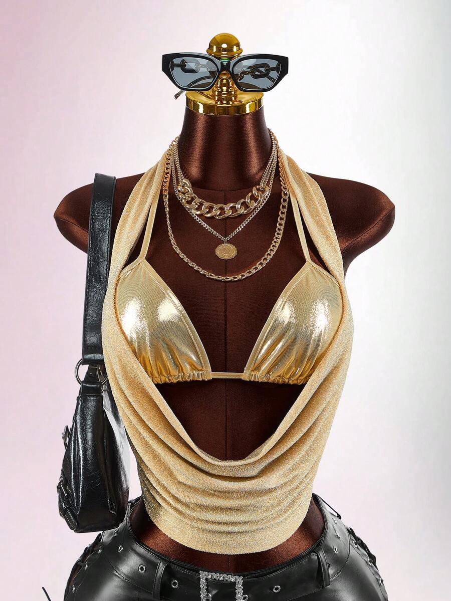 Amplova Women's Fashionable Sexy Metal Halter Backless Blouse