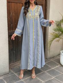 DAZY Women's V-Neck Patchwork Loose Long Dress - Dusty Blue - View 5