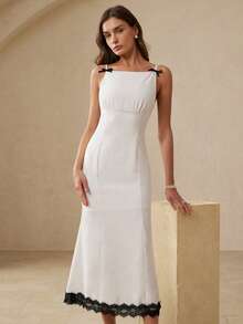 Femmeiva New Elegant Colorblock Bow Tie Waist Lace Patchwork Fishtail Hem Fitted Dress - White - View 1