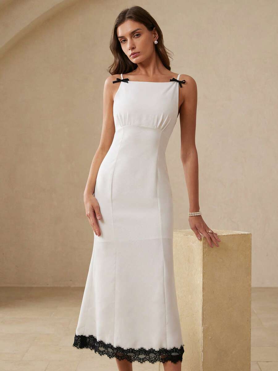 Femmeiva New Elegant Colorblock Bow Tie Waist Lace Patchwork Fishtail Hem Fitted Dress - White - View 1