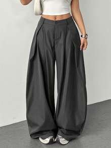 SHEIN Tall 女士夏季复古返校休闲嬉皮街头宽松黑色背带裤，高个秋冬款式 - 灰色 - 查看 1