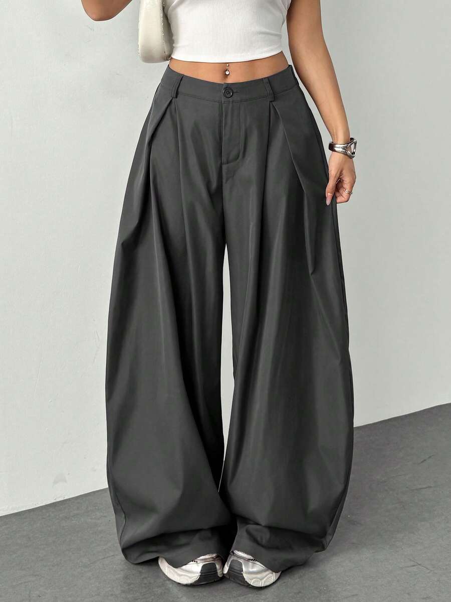 SHEIN Tall 女士夏季复古返校休闲嬉皮街头宽松黑色背带裤，高个秋冬款式 - 灰色 - 查看 1