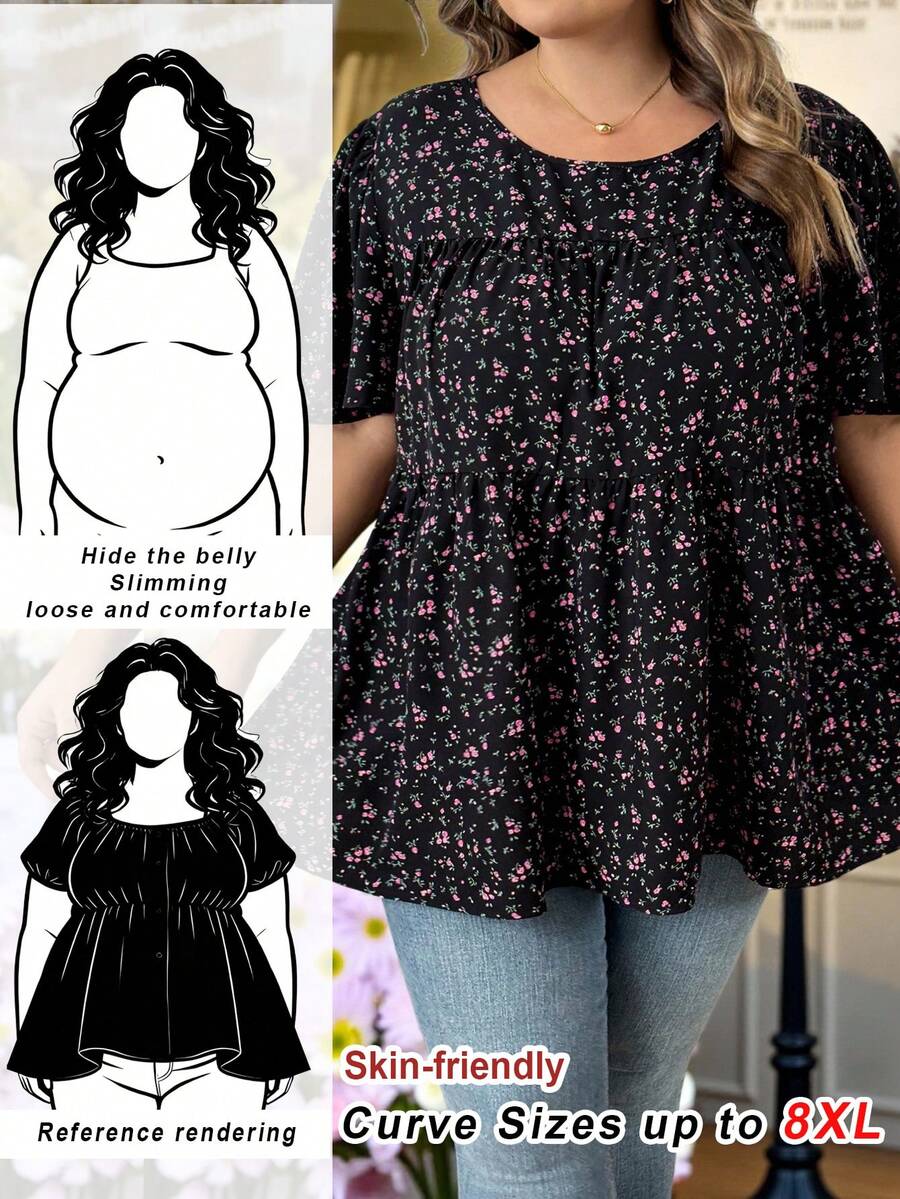SHEIN CURVE+ 大码女式碎花圆领短袖休闲衬衫，夏季、度假、假日波西米亚风、秋季、教师节 - 彩色 - 查看 1