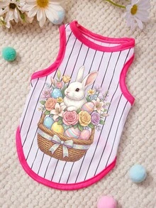 PETSIN 1pc Cute Little Rabbit Easter Egg Flower Easter Printed Pet Tank Top With Rose Red Edge Vertical Pattern Skin Friendly Breathable Pet Clothes - Multicolor - View 1