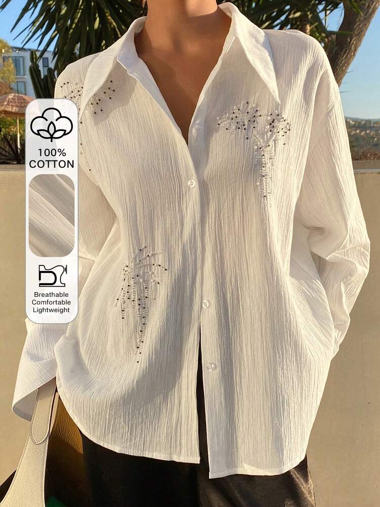 Women's Beaded Decor Loose Long Sleeve Turndown Collar Elegant Formal Blouse, Spring/Autumn