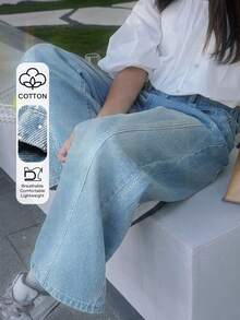 DAZY Tween Girls' Rhinestone Embellished Pockets Wide Leg Loose Casual Versatile Jeans - Blue - View 1