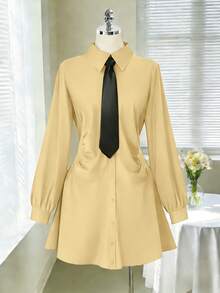 DreamSkyne Plus Size Elegant Waist Ruched Shirt Dress - Yellow - View 1