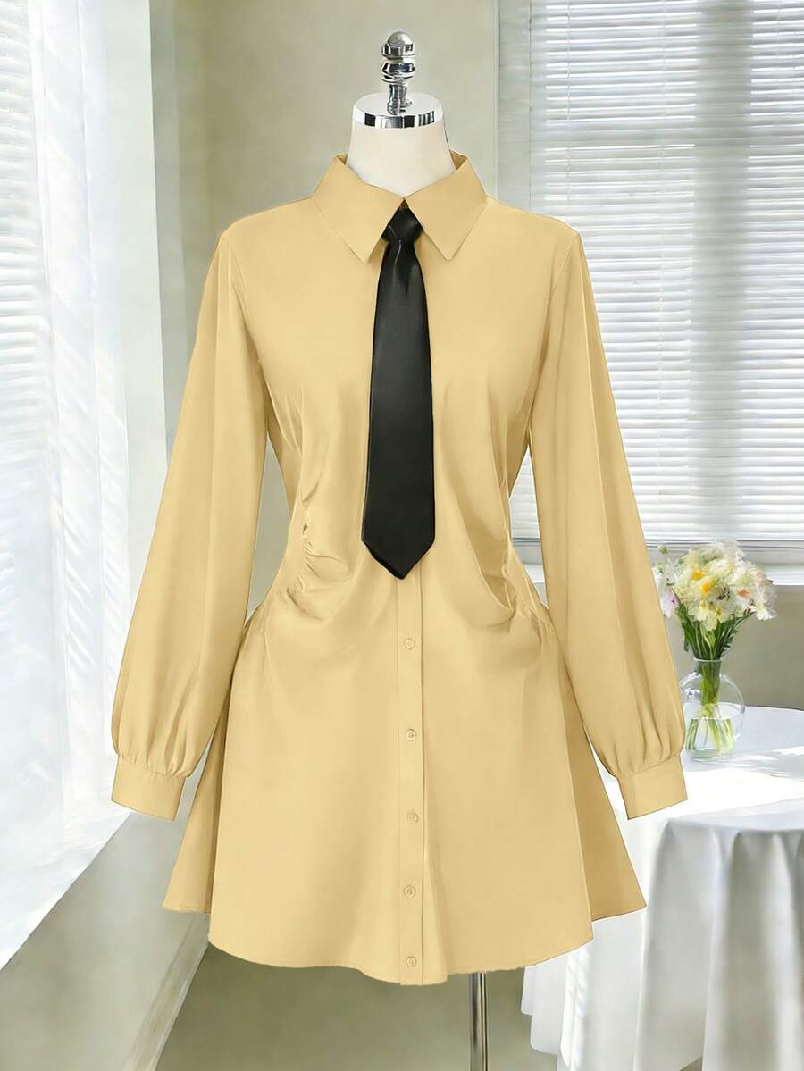DreamSkyne Plus Size Elegant Waist Ruched Shirt Dress - Yellow - View 1