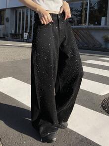 FRIFUL Damjeans med vida ben och tvätt, strassutsmyckade ben för vardagsbruk - Svart - Visa 6