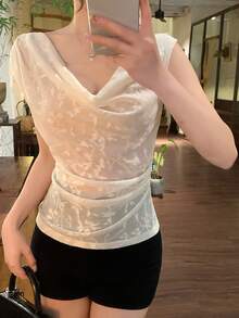 DAZY Damen elegantes einfarbiges Jacquard T-Shirt mit asymmetrischem Kragen, Sommer Ausgeh-Oberteil für Frauen - Weiss - Übersicht 5