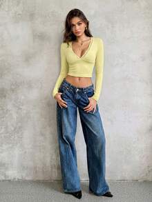 SHEIN Unity Women Solid Color Lace Patchwork V-Neck Tight Fit Long Sleeve T-Shirt Cheetah Print Tee For Spring - Yellow - View 3