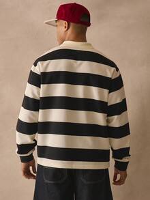 Musero Long Sleeve Panel Style Striped Polo Top Collared Single Button Detailing Autumn Winter Essentials - Black and White - View 4