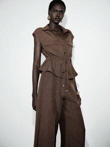 Lumivelle Women's Shirt Collar Faux Pocket Cinched Waist Top + Elastic Waist Wide Leg Pants 2 Pieces Set Brown Set Women - Brown - View 4