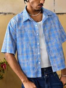 ROMWE MEN Men's Plaid Short Sleeve Button-Front Casual Vacation Shirt - Blue and White - View 6