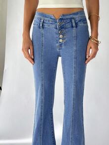 TRNVIE 女士休闲水洗低腰喇叭牛仔裤 - 藍色 - 查看 3