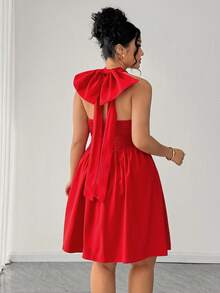 Elenzga Đầm cổ yếm chữ V thanh lịch, lãng mạn kiểu vintage với nơ lớn, thích hợp cho ngày Valentine, giản dị nhưng vẫn thời trang. - Đỏ - Xem 5