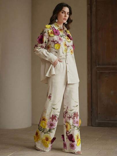 Anewsta Conjunto de 2 piezas de blusa elegante con estampado floral y pantalones de pierna ancha para mujer, primavera/otoño