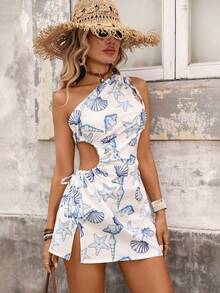 SHEIN Holidaya Vestido corto de playa con hombro asimétrico, abertura en la cintura y estampado de concha para mujer - Azul - Ver 4