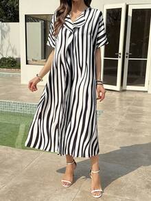 Vivie Lora Women's V-Neck Loose Vertical Striped Ruffle Hem Mid-Length Dress - Black and White - View 2