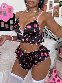 Eraneu Valentine's Day Sexy Series Heart Print Backless 2pcs Women's Lingerie Set - Black - View 3