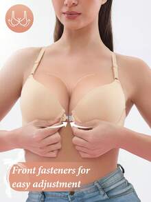 1pc Comfortable Front-Closure Lift & Support Bra, Minimizes Sagging, Enhances Bust, Adjustable Underwire Bra - Beige - View 3