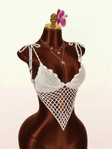 Amplova 女士珍珠吊带镂空露脐上衣，性感V领露背花卉蕾丝边饰珍珠下摆流苏吊带 - 杏色 - 查看 5