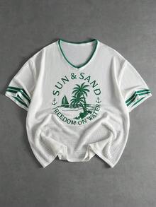 ROMWE MEN Street Life Men's Coconut Tree Vacation Style Short Sleeve Knit Top - White - View 1