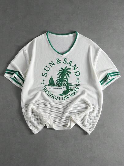 ROMWE MEN Street Life Men's Coconut Tree Vacation Style Short Sleeve Knit Top