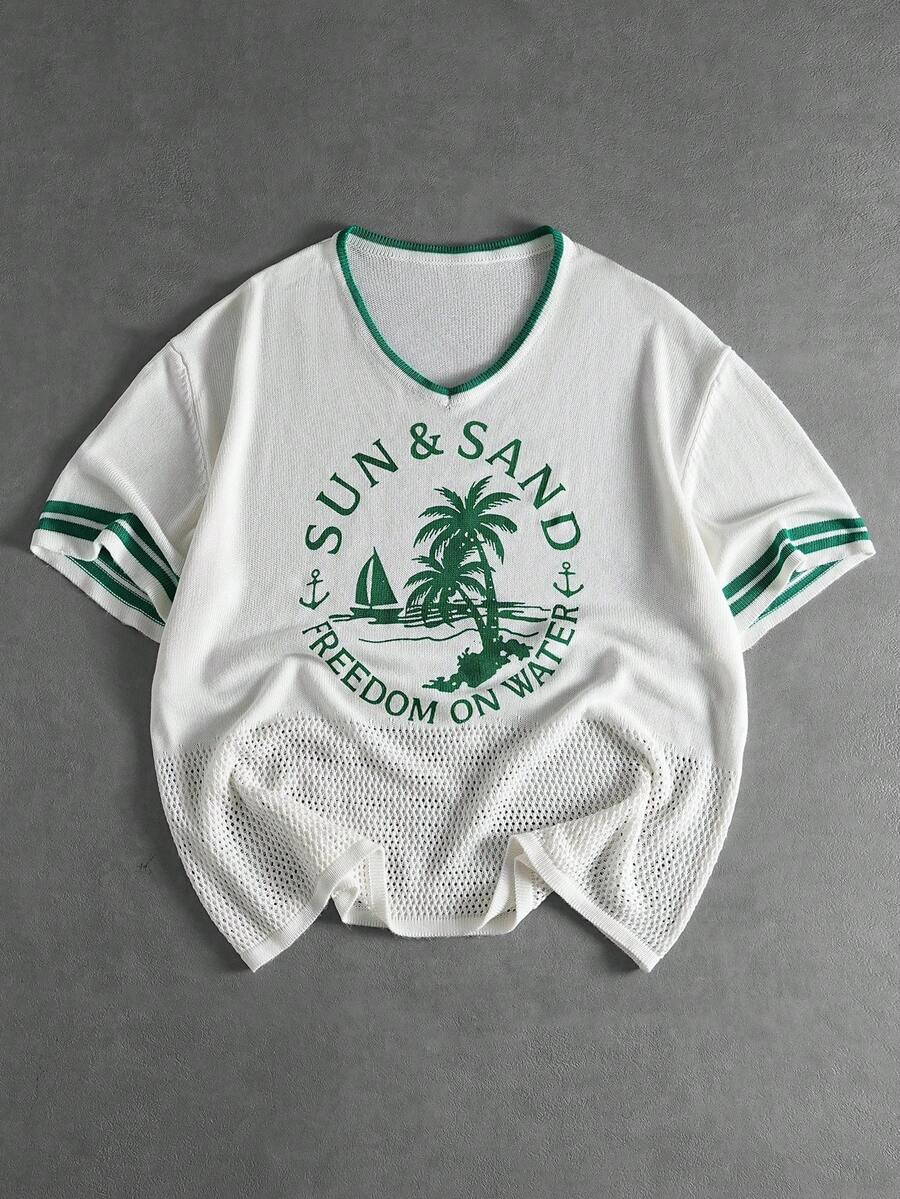 ROMWE MEN Street Life Men's Coconut Tree Vacation Style Short Sleeve Knit Top - White - View 1