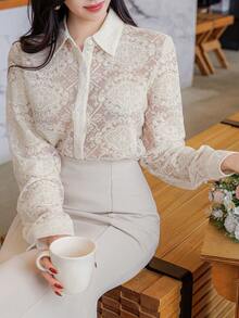 DAZY 女士纯色蕾丝纹理宽松长袖翻领优雅正式衬衫，春秋季 - 米色 - 查看 9