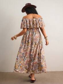 Freevana 大码女式豹纹露肩荷叶边腰部A字型长连衣裙，热带浪漫休闲西式连衣裙 - 彩色 - 查看 7