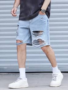Manfinity LEGND Men's Fashion Wide Leg Denim Shorts - Light Wash - View 6
