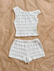 Soleia 女士春夏度假两件套：红白条纹针织不对称露肩短款上衣和超低腰紧身短裤，适合派对、圣诞节、情人节、约会、海滩、邮轮、嘉年华、复活节、中国新年等场合。 - 彩色 - 查看 5